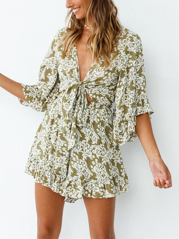 Womens Rompers Baggy Sleeve Jumpsuits Floral Print V Neck Elastic Waist Tie Front Playsuit Ruffle Short Dresses
