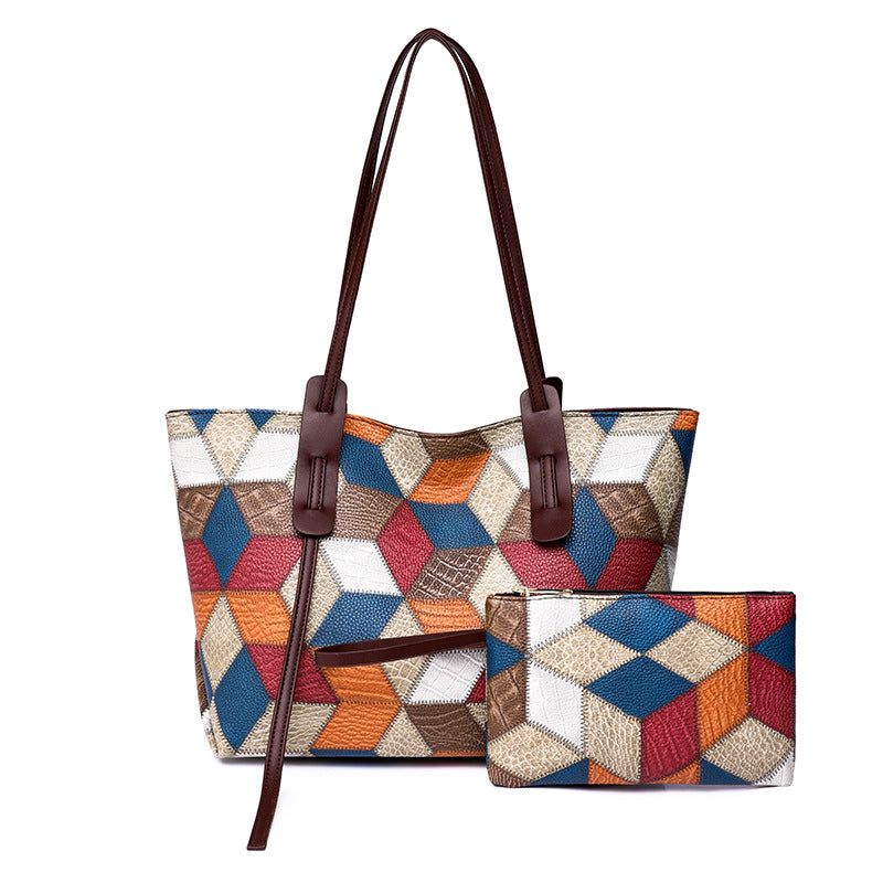 Geometric Pattern Shoulder Tote Bag Set Trendy Colorblock Hand Bag With Mini Coin Purse