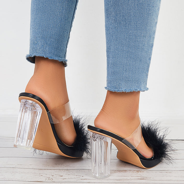 Furry Clear Platform Chunky Heels Open Toe Slide Sandals