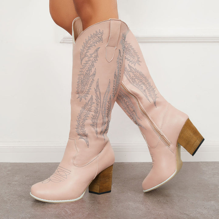 Embroidered Western Cowboy Boots Chunky Heel Knee High Riding Boots