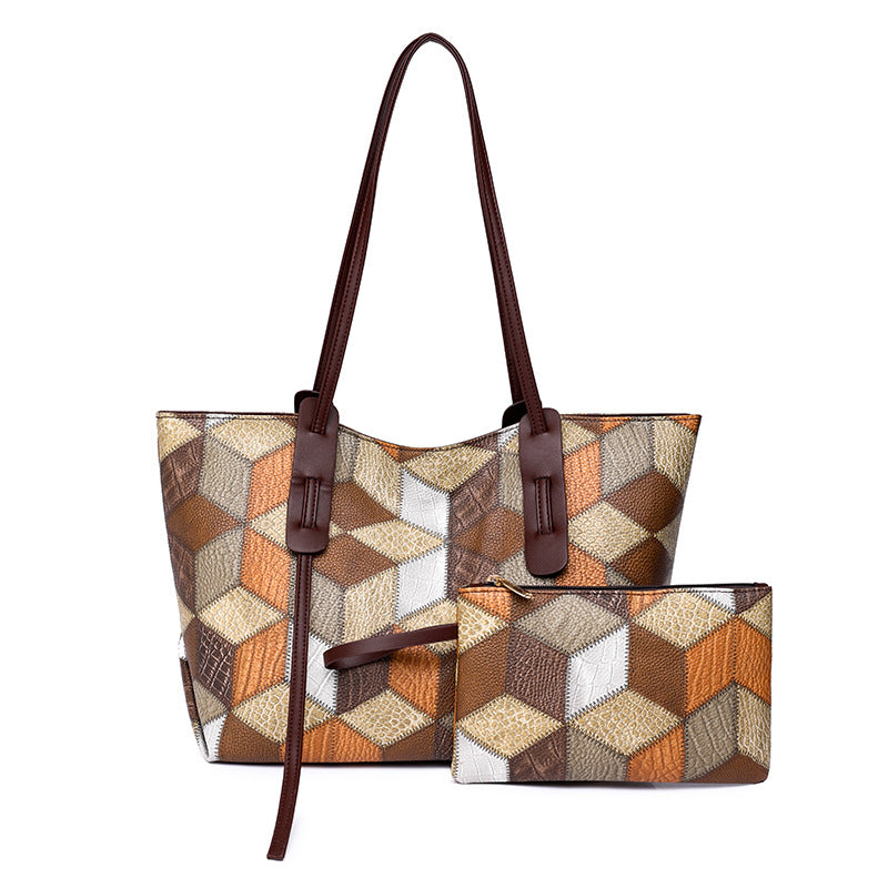 Geometric Pattern Shoulder Tote Bag Set Trendy Colorblock Hand Bag With Mini Coin Purse