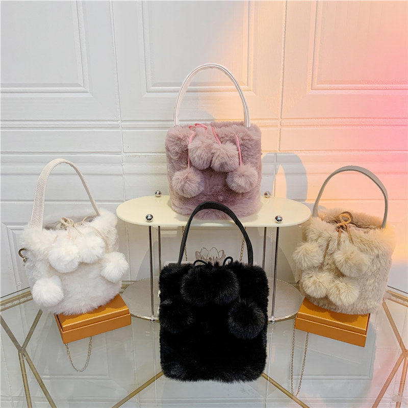 Trendy Faux Fur Handbag Pom Pom Decor Bucket Bag Plush Drawstring Satchel Bag