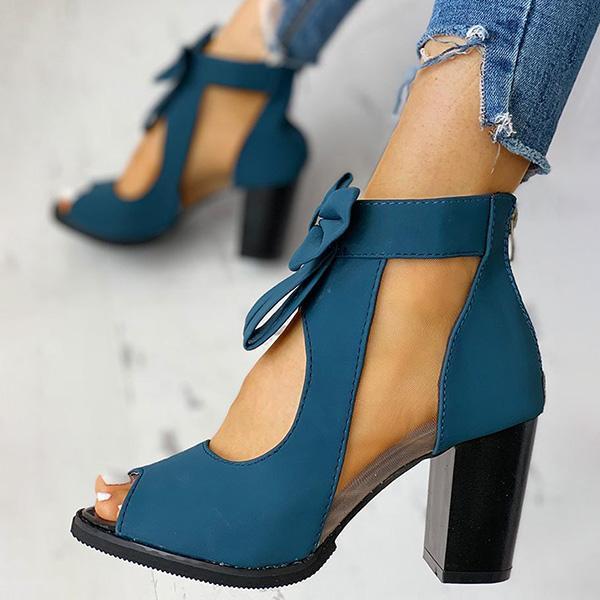 Mesh Chunky Block Heels Bowknot Strappy Sandals