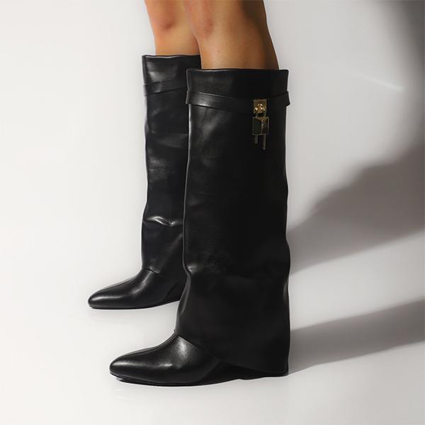 Women Pointed Toe Fold Over Wedge Heel Knee High Boots