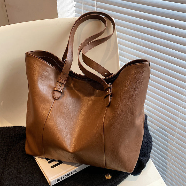 Large Capacity Tote Bag Casual Solid Shoulder Bag Elegant Zipper Handbag