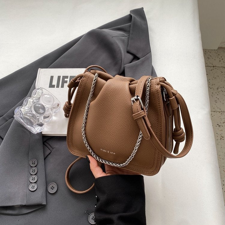 Trendy Litchi Pattern Drawstring Crossbody Bag Solid Color Sling Bag Shoulder Bag For Every Day