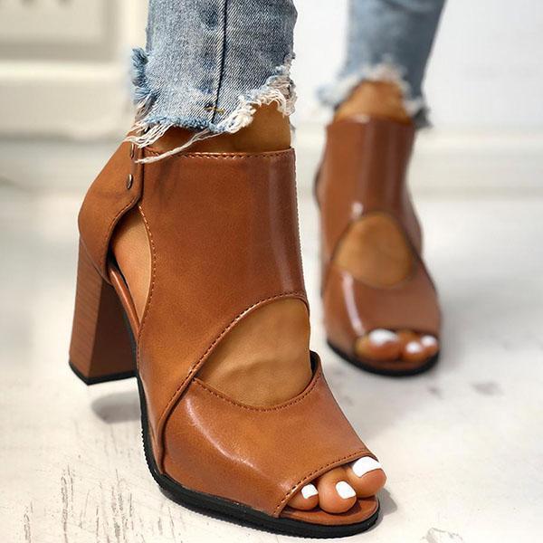 Peep Toe Cut Out Ankle Boots Chunky Block Heel Booties