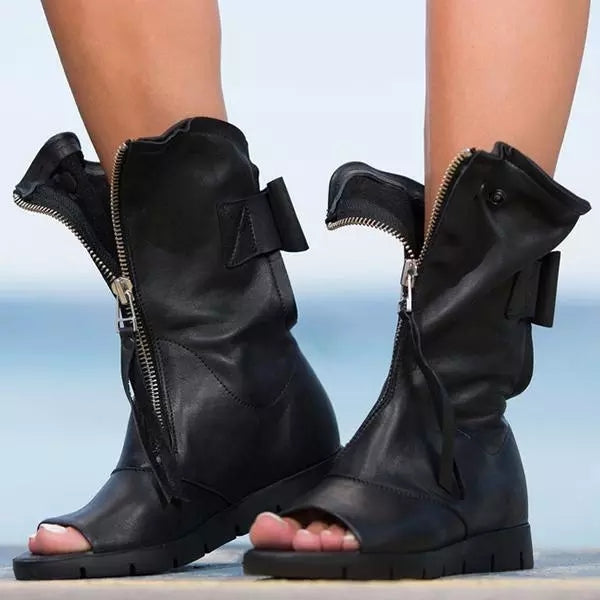 Faux Leather Open Toe Flat Booties Zip Up Ankle Boots