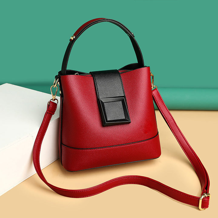 Solid Color Buckle Decor Bucket Shoulder Bag Elegant Hangbag for Daily Life