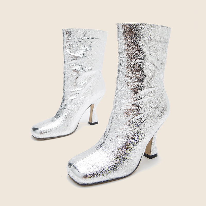 Glitter Square Toe Mid Calf Boots Slip on Chunky High Heel Boots