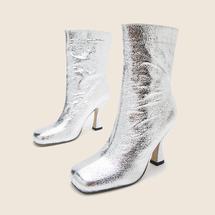 Glitter Square Toe Mid Calf Boots Slip on Chunky High Heel Boots