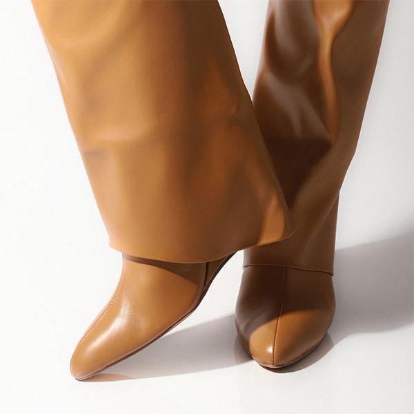 Women Pointed Toe Fold Over Wedge Heel Knee High Boots
