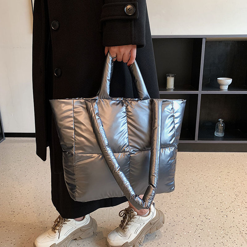 Trendy Puffer Quilted Tote Bag Large Capacity Crossbody Bag Metallic Color Padded Shoulder Bag
