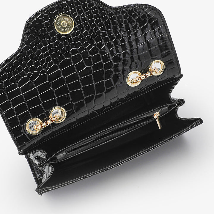Black Crocodile Pattern Crossbody Bag Solid Color Flap Chain Shoulder Bag Mobile Phone Bag