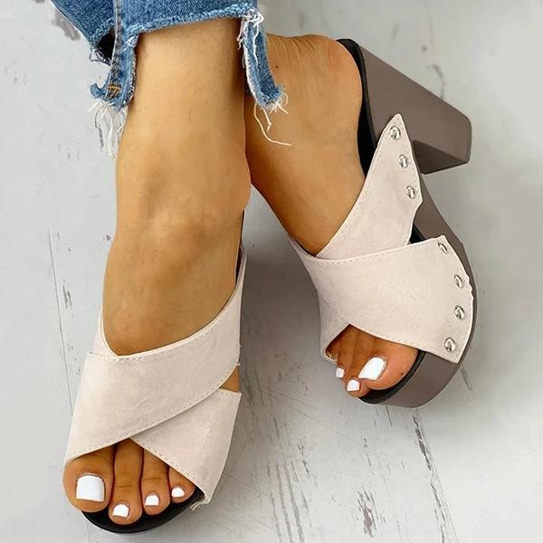 Rivet Criss Cross Chunky Block Heels Platform Slip-on Sandals