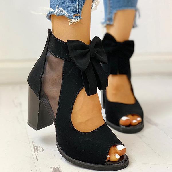 Mesh Chunky Block Heels Bowknot Strappy Sandals