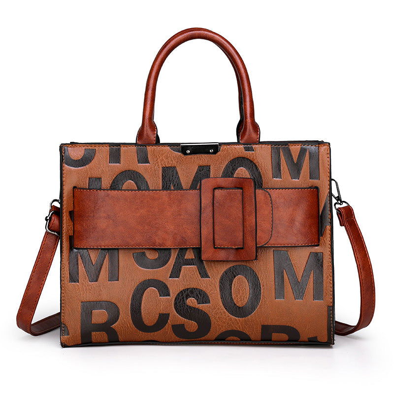 Retro Large Capacity Handbag Letter Zipper Shoulder Purse Faux Leather Crossbody Bag