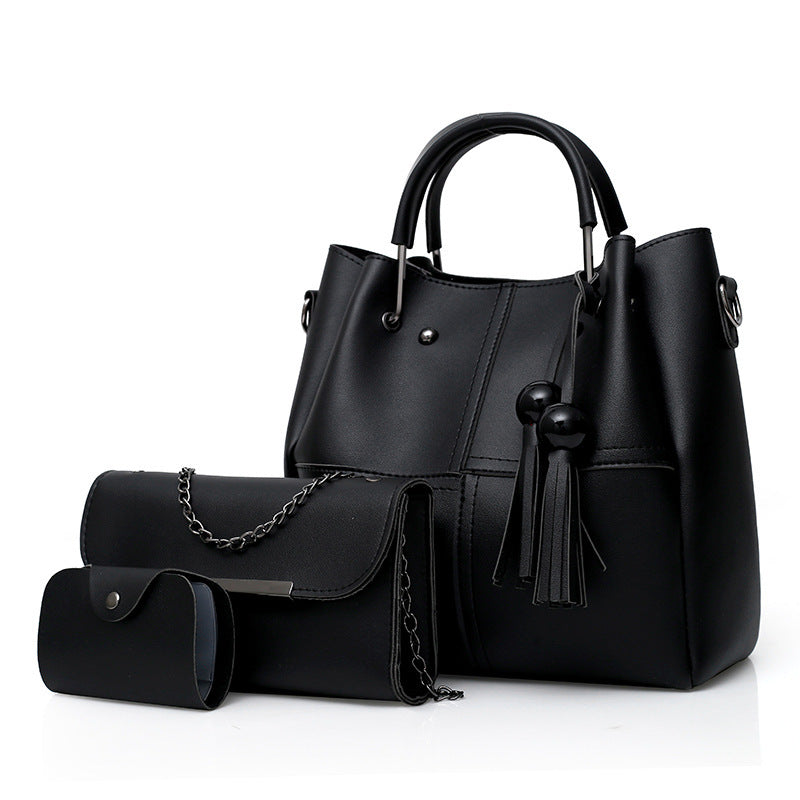 3 Pcs Solid Color Tote Bag Set Large Capacity Tassel Decor Handbag Crossbody Bag & Flap Purse