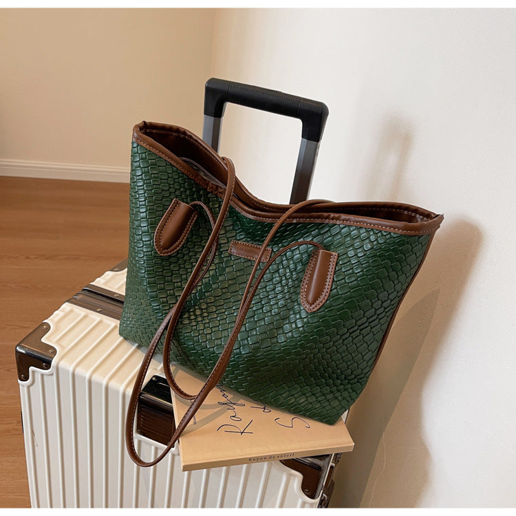 Vintage Woven Pattern Large Capacity Tote Bag Retro PU Shoulder Bag for Commute