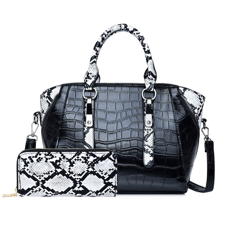 2Pcs Crocodile Embossed Handbag Set Snakeskin PU Leather Crossbody Bag With Wallet