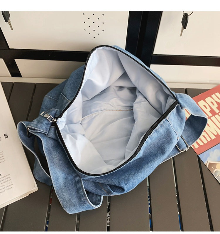 Large Capacity Tote Bag Denim Lightweight Textured Shoulder Bag Versatile Commuter Bag