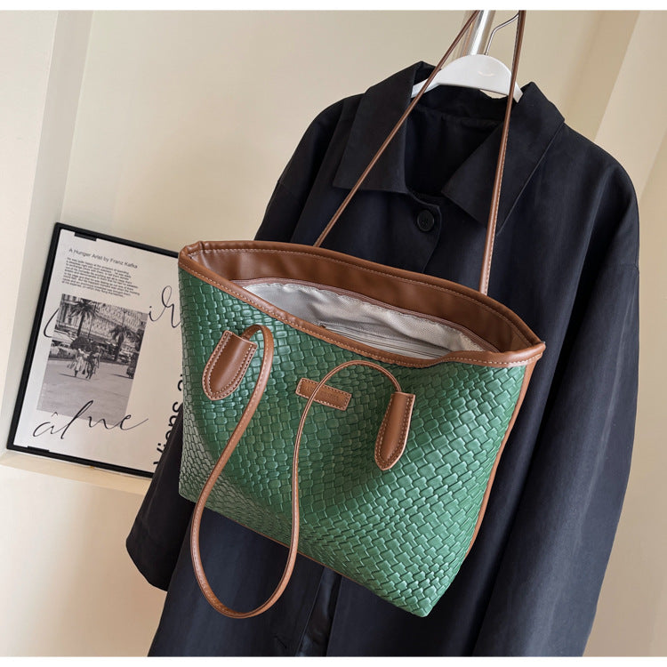 Vintage Woven Pattern Large Capacity Tote Bag Retro PU Shoulder Bag for Commute