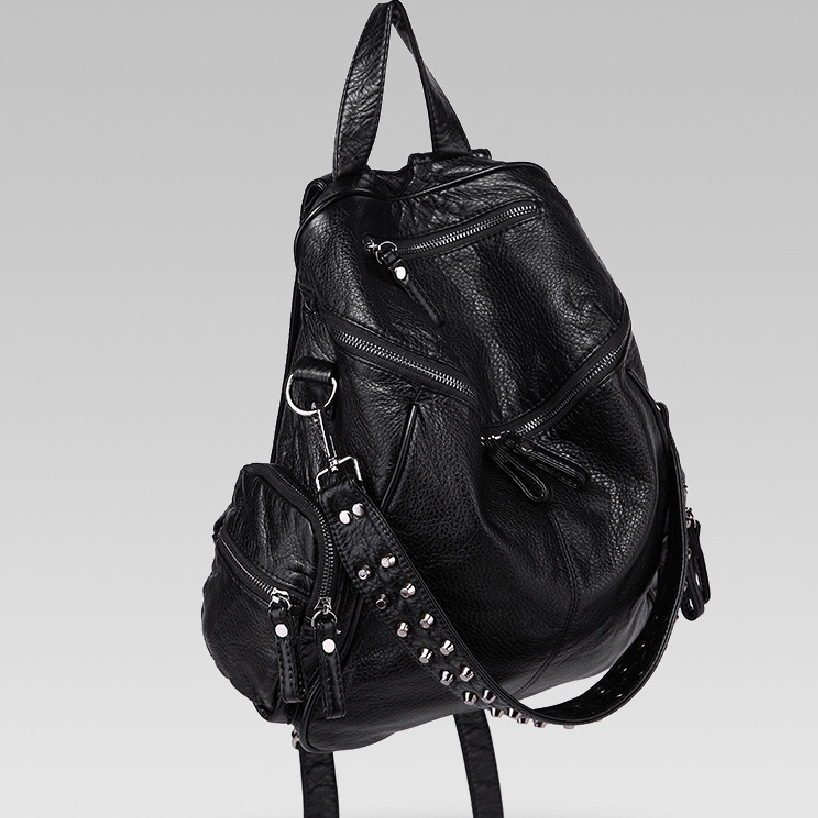 Rivet Decor Faux Leather Backpack Multi-Functional Large Capacity Zipper Shoulder Bag