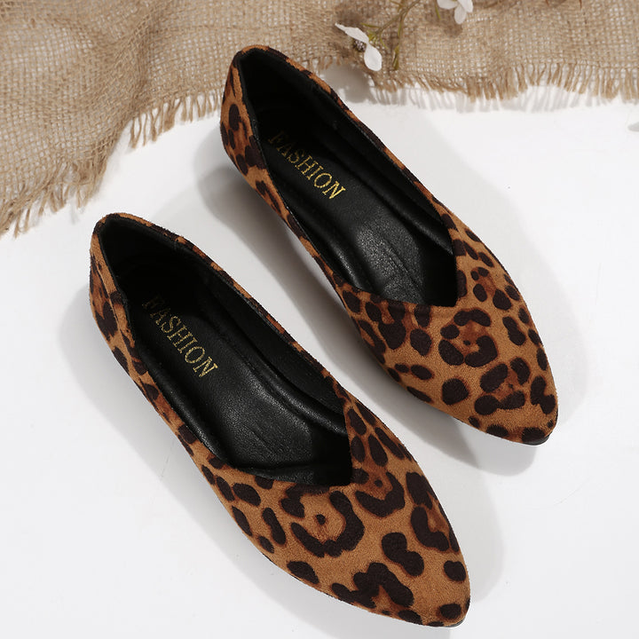 Suede Leopard Pointed Toe Ballet Flats Slip on Loafers Shoes