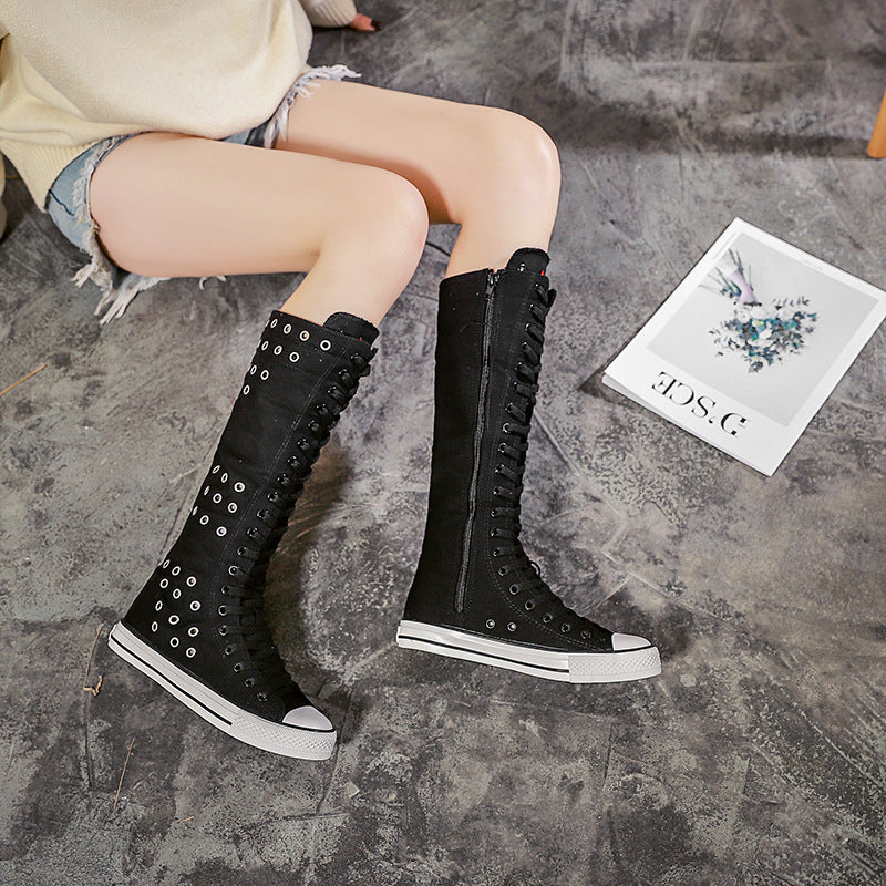 Canvas Dance Boots Knee High Boots Lace Up Knee High Zip Boots