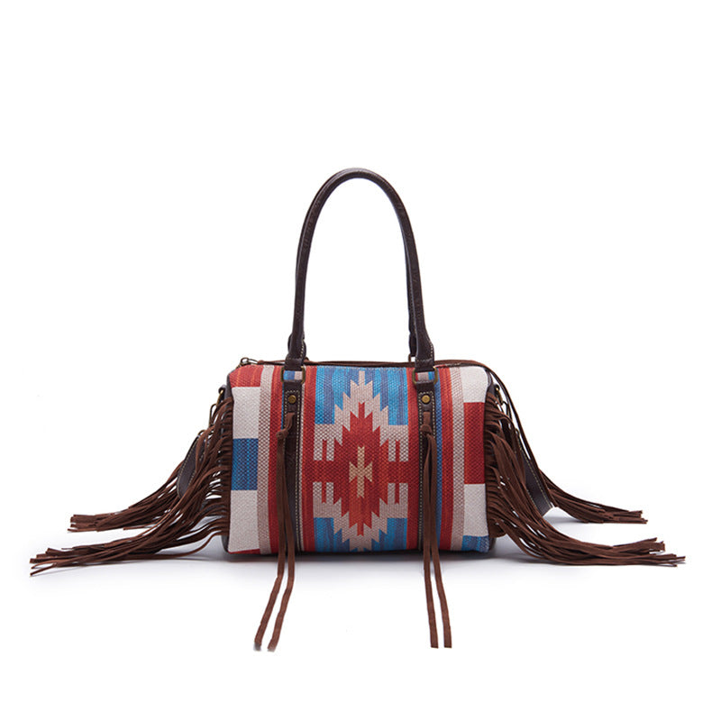 Boho Geometric Fringe Handbag Western Style Crossbody Bag Vintage Boston Bag & Purse