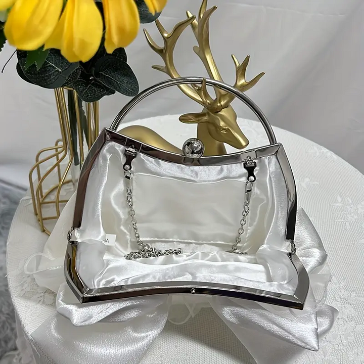 Elegant Bow Decor Kiss Lock Clutch - Dinner & Evening Purse with Textured Frame & Glossy Metal Chain