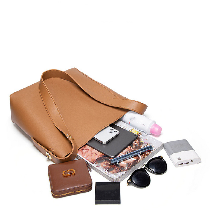 2pcs Vegan Bucket Bag Set Retro PU Solid Color Shoulder Bag Casual Handbag & Shoulder Purse