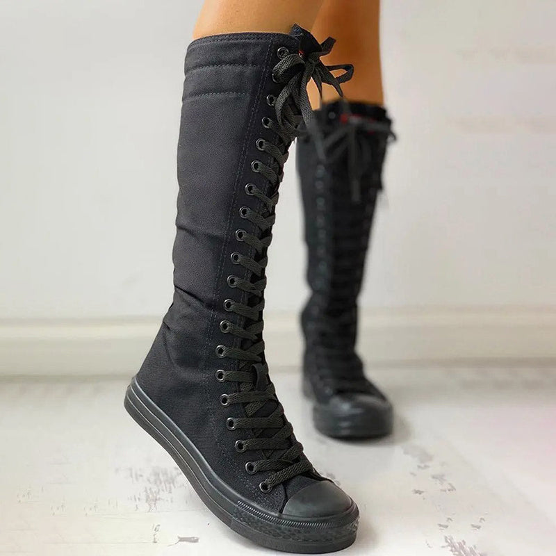 Lace Up Canvas Knee High Zip Boots Girls Fancy School Shoes