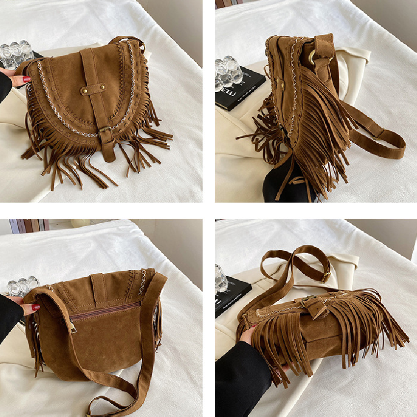 Boho Style Fringe Crossbody Bag Vintage Suede Shoulder Bag Cowgirl Style Tassel Flap Hobo Bag