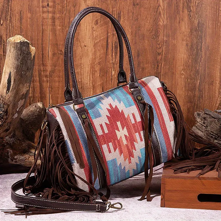 Boho Geometric Fringe Handbag Western Style Crossbody Bag Vintage Boston Bag & Purse