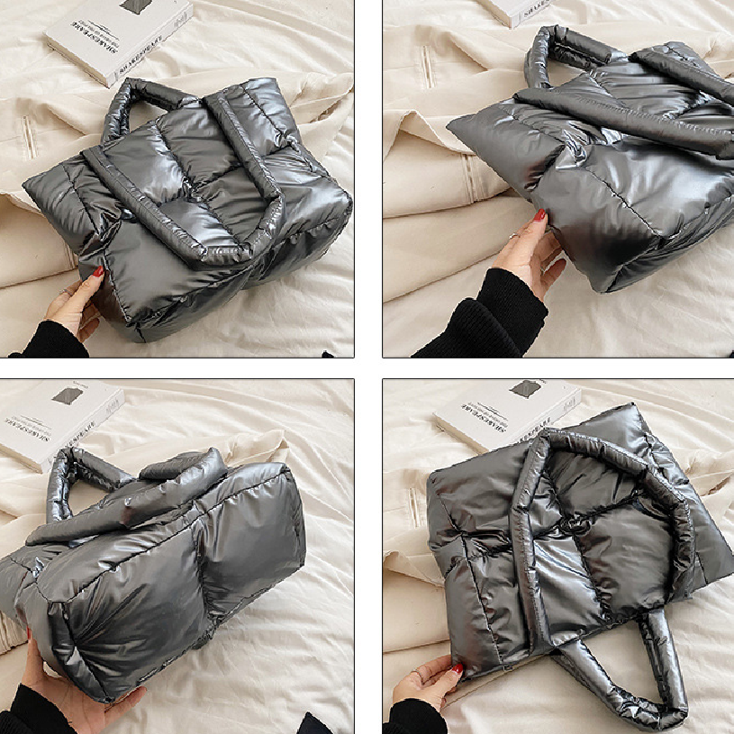 Trendy Puffer Quilted Tote Bag Large Capacity Crossbody Bag Metallic Color Padded Shoulder Bag