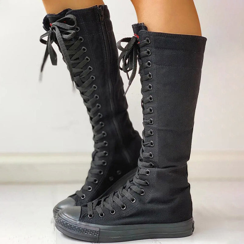 Lace Up Canvas Knee High Zip Boots Girls Fancy School Shoes