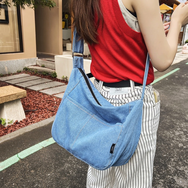 Large Capacity Tote Bag Denim Lightweight Textured Shoulder Bag Versatile Commuter Bag