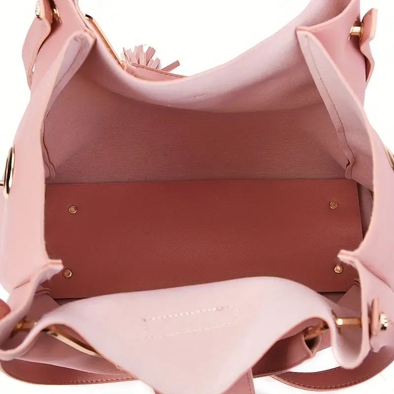 3 Pcs Solid Color Tote Bag Set Large Capacity Tassel Decor Handbag Crossbody Bag & Flap Purse