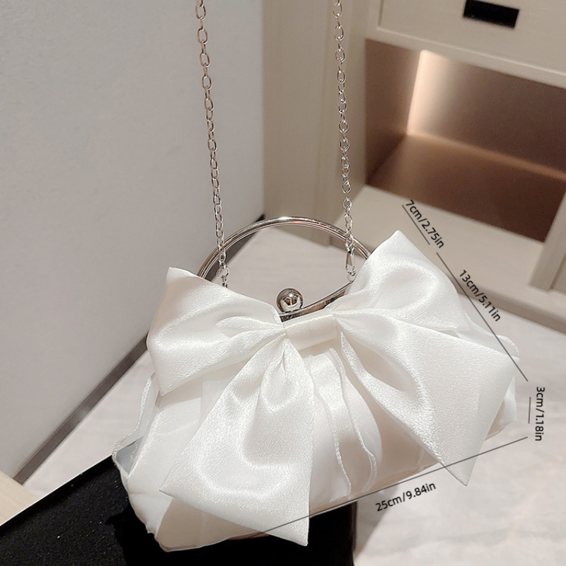 Elegant Bow Decor Kiss Lock Clutch - Dinner & Evening Purse with Textured Frame & Glossy Metal Chain