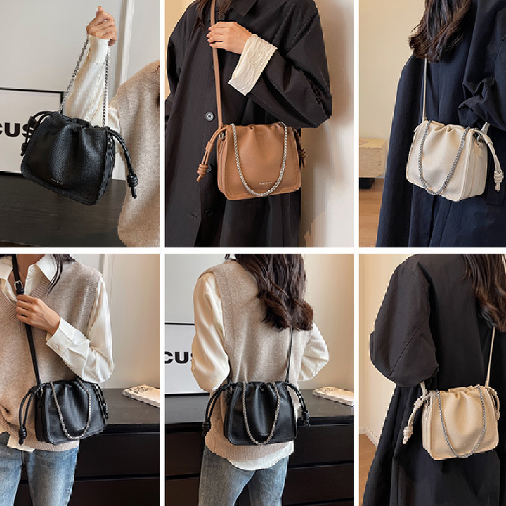 Trendy Litchi Pattern Drawstring Crossbody Bag Solid Color Sling Bag Shoulder Bag For Every Day