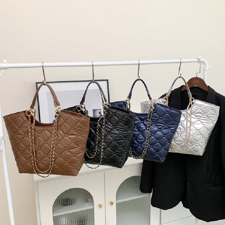 Casual Argyle Quilted Tote Bag Trendy Chain Crossbody Bag Basket Handbag