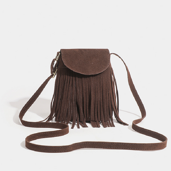 Retro Fringed Flap Crossbody Bag Boho Style Suede Tassel Shoulder Bag Small Purse Bag