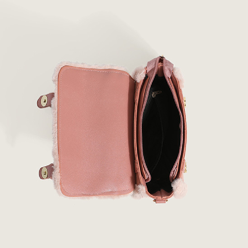 Women Retro Plush Handbag Mini Double Buckle Decor Top Handle Handbag Faux Fur Decor Shoulder Bag