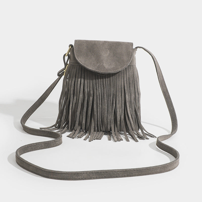 Retro Fringed Flap Crossbody Bag Boho Style Suede Tassel Shoulder Bag Small Purse Bag
