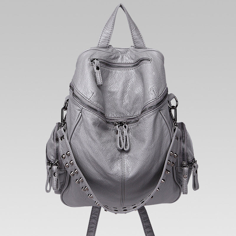 Rivet Decor Faux Leather Backpack Multi-Functional Large Capacity Zipper Shoulder Bag
