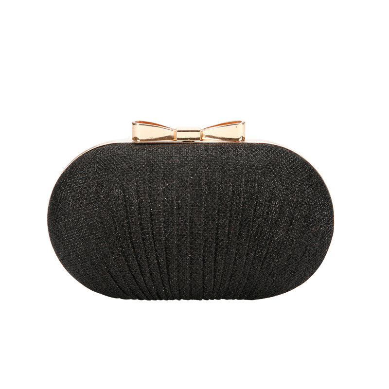 Bowknot Oval Glitter Clutch Wallet Metal Chain Crossbody Bag Textured Cloth Frame Bag for Prom Party