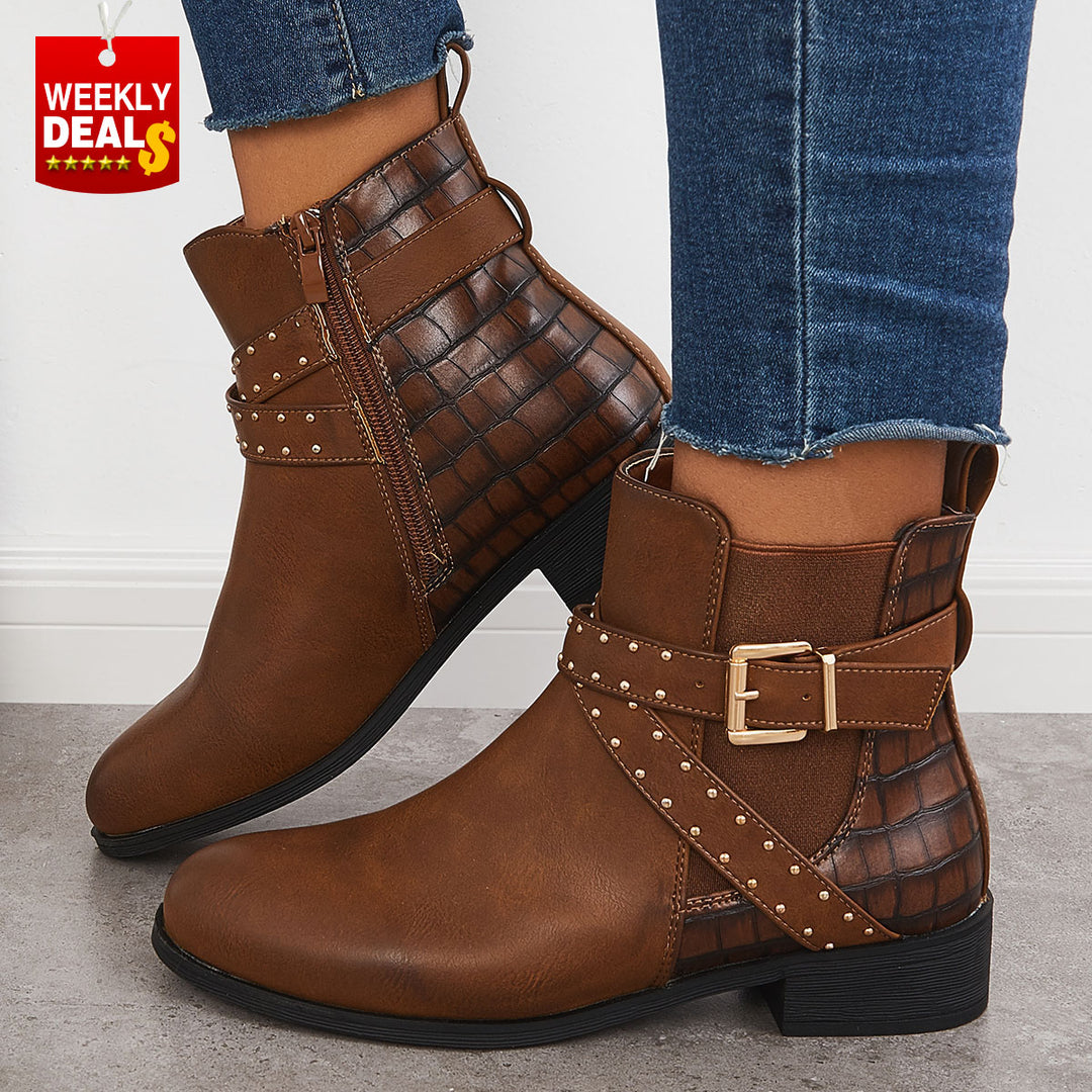 Chunky Low Heel Chelsea Booties Buckle Strap Ankle Boots