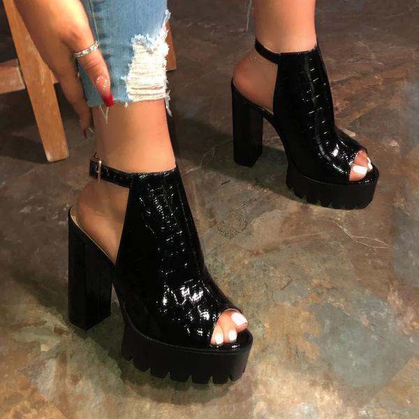 Black Peep Toe Chunky Platform Sandals Singback Dress Heels