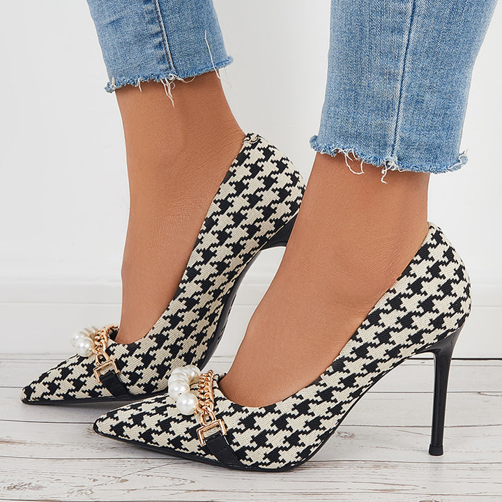 Plaid Pointed Toe Pumps Pearls Slip on Stilettos High Heel Shoes